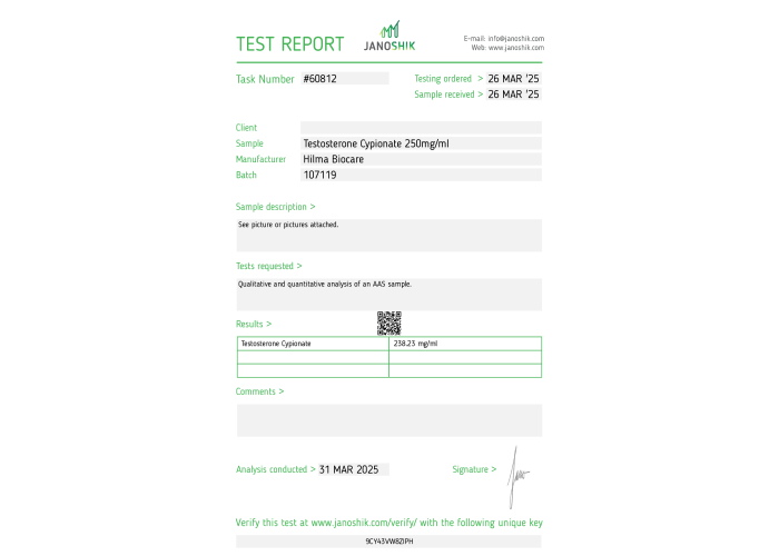 Testosterone Cypionate Fabricant : Hilma Biocare Emballage : Fiole de 10 ml (250 mg/ml)