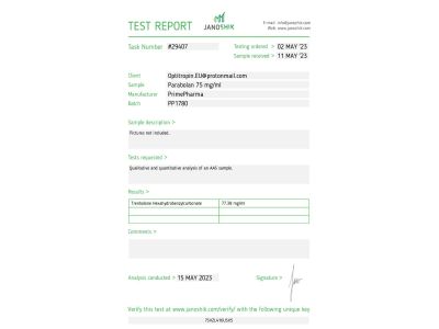 Parabolan Fabricant: Prime Pharma Emballage : Fiole de 10 ml (75 mg/ml)
