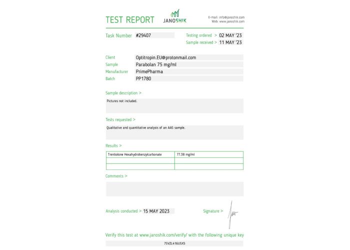 Parabolan Fabricant: Prime Pharma Emballage : Fiole de 10 ml (75 mg/ml)
