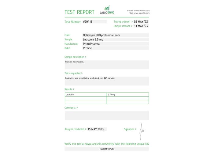 Letrozole Fabricant: Prime Pharma Emballage : 50 cp/bt (2,5 mg/cp)