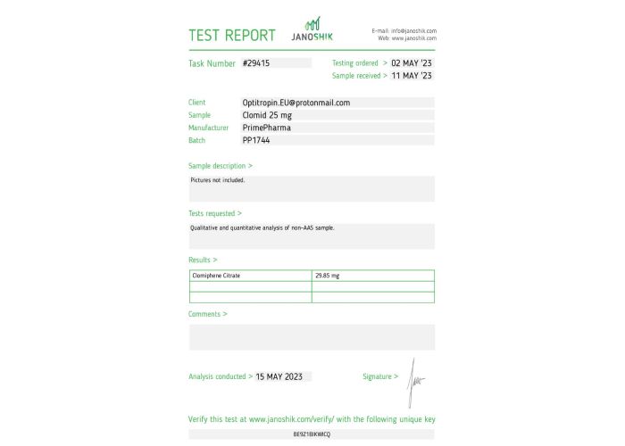 Clomid Fabricant : Prime Pharma Emballage : 100 cp/bt (25 mg/cp)