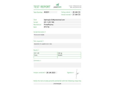 IGF 1-LR3 Fabricant: Prime Pharma Emballage : Fiole de 10 ml (1 mg/ml)