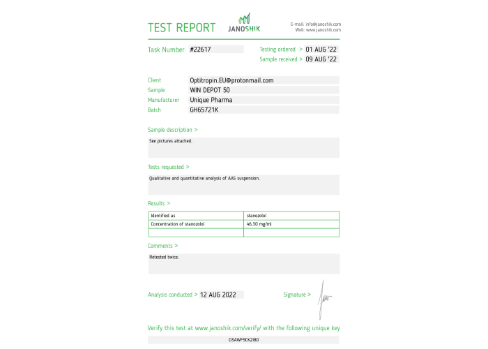Winstrol (Stanozolol) Fabricant: Unique Pharma Emballage : Fiole de 10 ml (50 mg/ml)