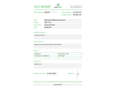 Test E 75 Fabricant: Unique Pharma Emballage : Fiole de 10 ml (75 mg/ml)