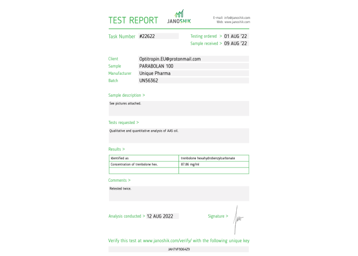Parabolan 100 Fabricant: Unique Pharma Emballage : Fiole de 10 ml (100 mg/ml)
