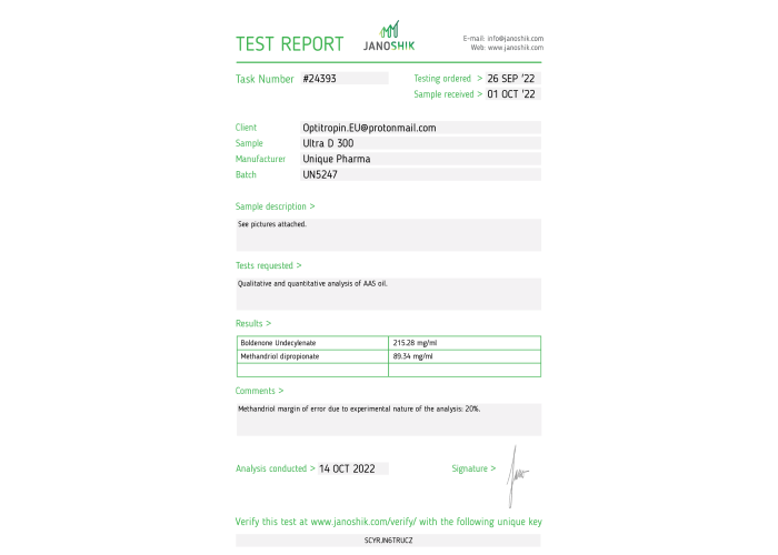 Ultra D 300 Fabricant: Unique Pharma Emballage : Fiole de 10 ml (300 mg/ml)