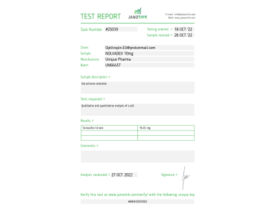 Nolva (Tamoxifen Citrate) Fabricant : Unique Pharma Emballage : 100 cp/bt (10 mg/cp)