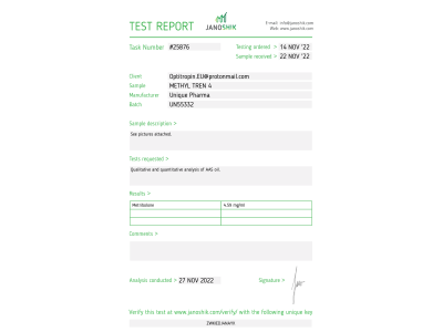 Methyl-Tren Fabricant: Unique Pharma Emballage : Fiole de 10 ml (4 mg/ml)