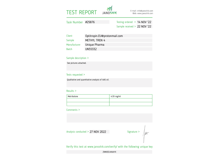 Methyl-Tren Fabricant: Unique Pharma Emballage : Fiole de 10 ml (4 mg/ml)