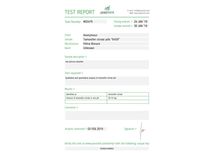 Citrate de tamoxifène ( Nolvadex ) Fabricant : Hilma Biocare Conditionnement : 50 comprimés/bouteille ( 20 mg/comprimé )