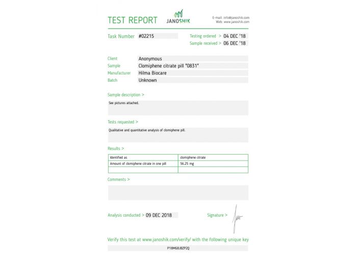 Citrate de clomifène ( Clomid ) Fabricant : Hilma Biocare Conditionnement : 50 comprimés/bouteille ( 50mg/comprimé )