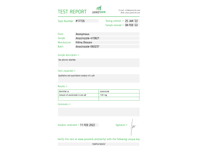 Anastrozole ( Arimidex ) Fabricant : Hilma Biocare Conditionnement : 50 comprimés/bouteille ( 1mg/comprimé )