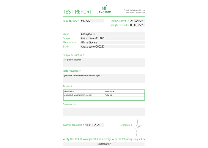 Anastrozole ( Arimidex ) Fabricant : Hilma Biocare Conditionnement : 50 comprimés/bouteille ( 1mg/comprimé )