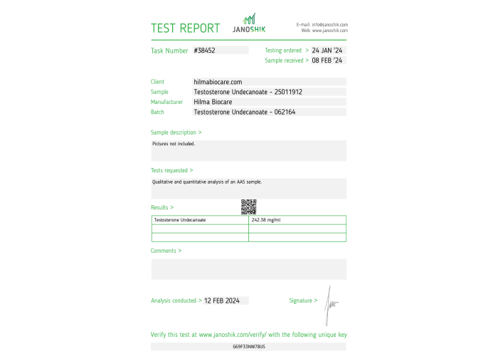 Undécanoate de testostérone Fabricant : Hilma Biocare Conditionnement : 10 ml/flacon ( 250 mg/ml )