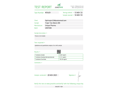 Triple Tren Blend Fabricant: Unique Pharma Emballage : Fiole de 10 ml (200 mg/ml)