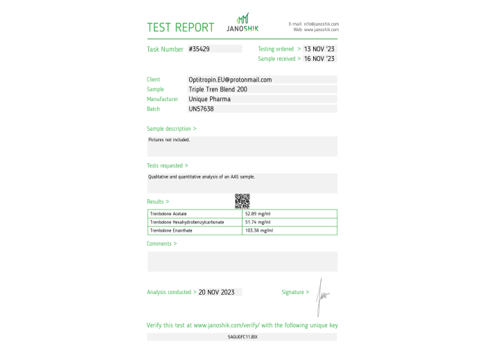 Triple Tren Blend Fabricant: Unique Pharma Emballage : Fiole de 10 ml (200 mg/ml)